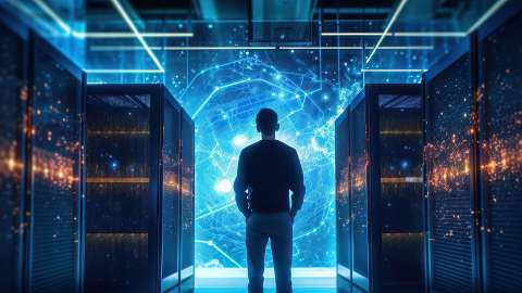 A person stands at the end of a row of servers looking at bright blue data points projected on a wall in the distance